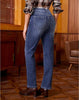 Dark Atlantic Blue High Waist Denim Pants Straight Leg Comfort Stretch Jeans Full Length Jeans with Pockets Casual