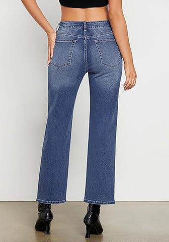 Classic Blue Women's High Waist Jean Regular Fit Slight Stretch Straight Leg Ankle Length Pants