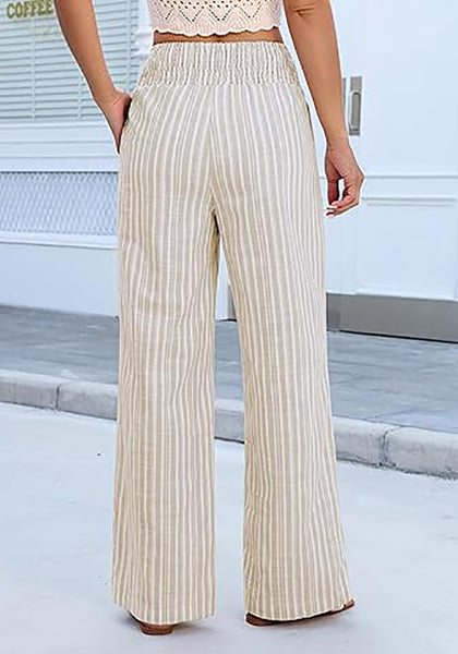Women’s Striped Wide Leg Pants Causal Elastic High Waist Full Length Trousers with Pockets