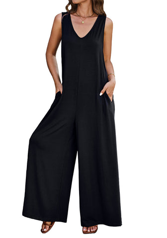 Black Women's Casual Wide Leg Sleeveless V Neckline Jumpsuits Baggy Overall With Pockets