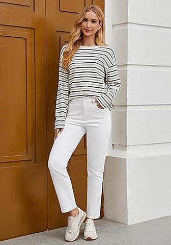 Cream White Women's High Waisted Full Length Straight Leg Jeans With Pockets