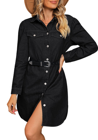 Faded Black Women's Brief Work Denim Button Down Dress with Long Sleeves and Pocket