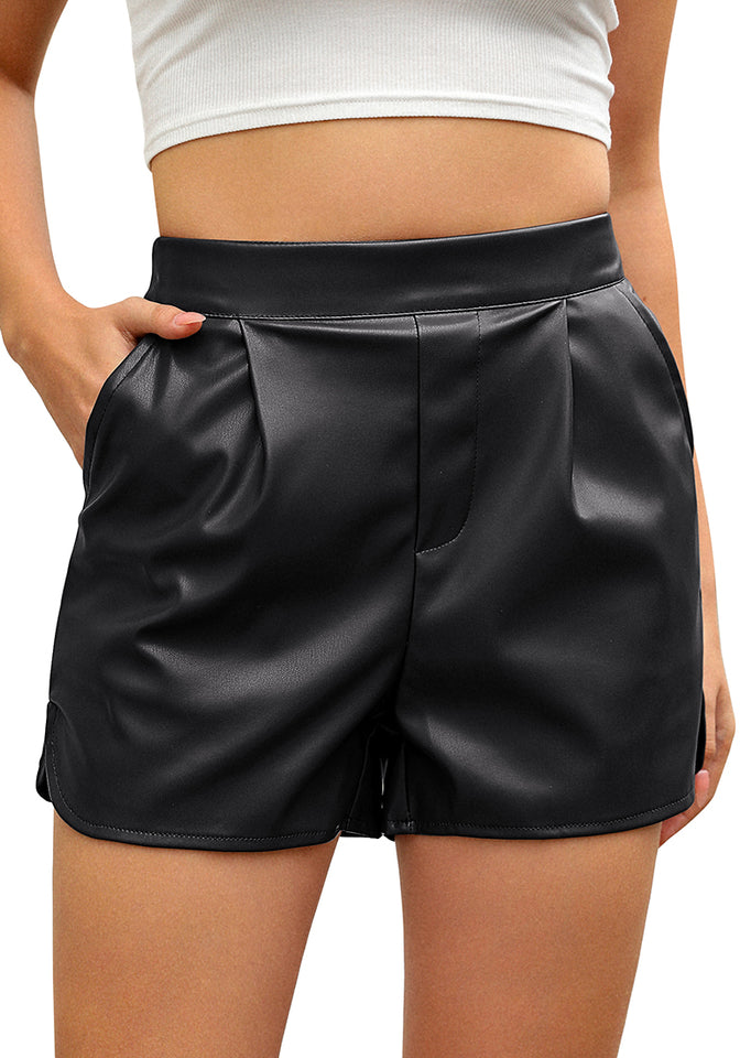 Black Women's Faux Leather Shorts PU Leather Relaxed Fit Ultra