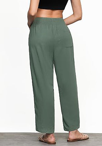 Olive Green Women's Casual High Waisted Lightweight Lounge Barrel Cropped Pants Soft Smocked Comfort Wear