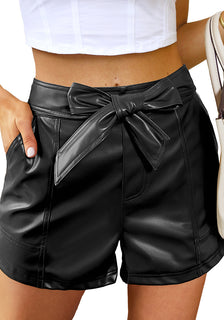 Black Women's High Waist Wide Leg Stretch Belted Shorts PU