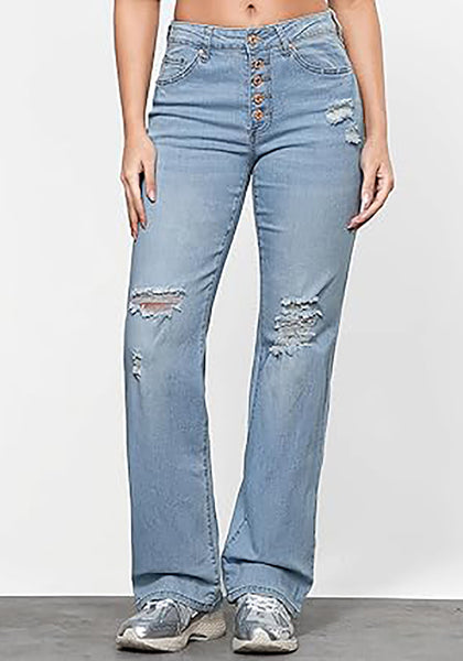 Seaside Blue High Waisted Ripped Flare Jeans for Women Distressed Bell Bottom Jeans Wide Leg Pants