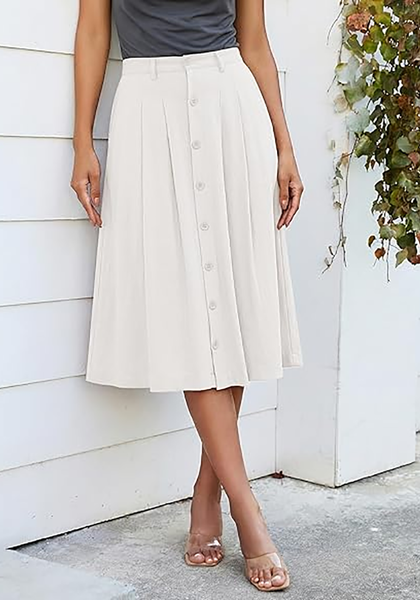 LookbookStore Women White Pleated Linen Midi Skirt Elastic High Waist A Line Summer Skirt with Pockets