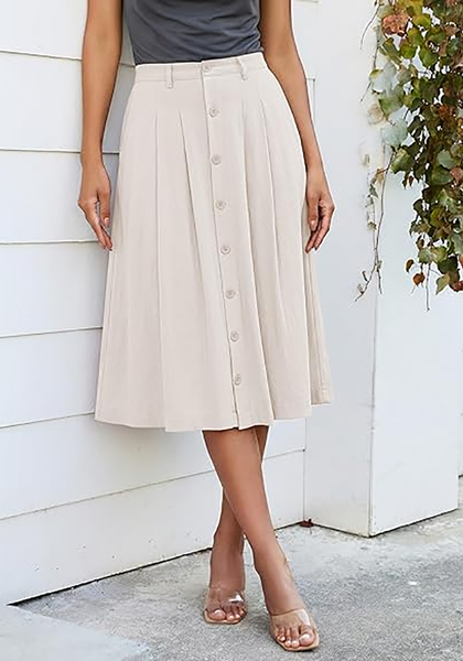LookbookStore Women Beige Pleated Linen Midi Skirt Elastic High Waist A Line Summer Skirt with Pockets