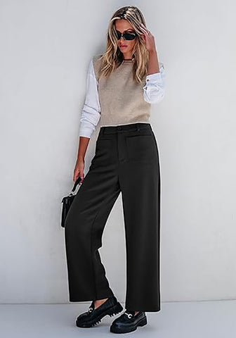 Black Women's  High Waist Relaxed Fit Wide Leg Cropped Length Style Casual Pants With Pockets