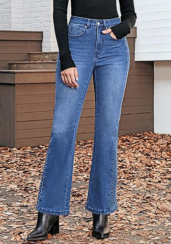 Classic Blue Women's High Waisted Flared Jeans Rhinestone Side Stripes Comfort Stretch Functional Pockets