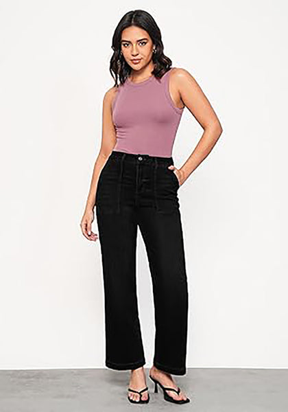 True Black Women's Casual Full Length High Waist Relaxed Fit Wide Leg Slight Stretch Jeans with Pocket