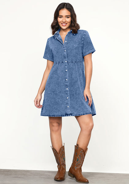 Medium Blue Women's Short Sleeve Button Down Flowy Tiered Babydoll Denim Dress