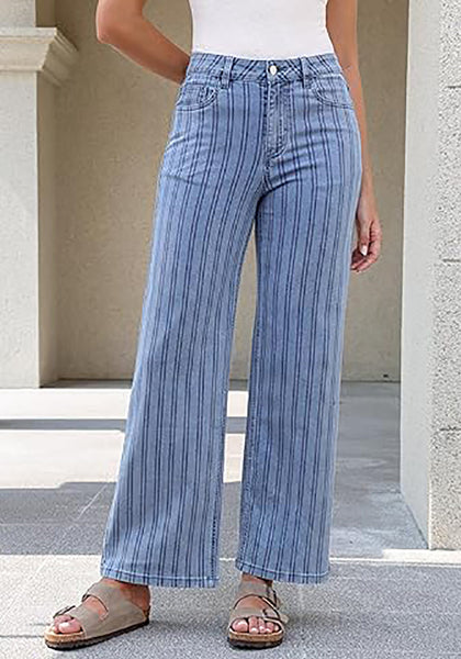 High Waisted Striped Wide Leg Jeans for Women Vintage Denim Loose Fit Casual Pants