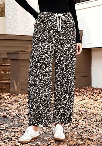 Women's Leopard Print Wide Leg Pants with Drawstring Elastic Waist Casual Loose Trousers for Summer Lounge & Vacation