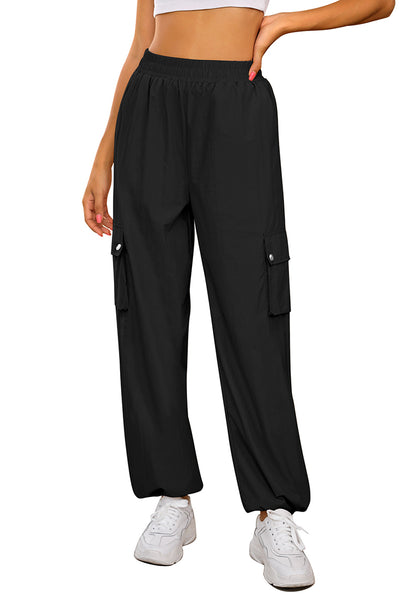 Black Women's Casual Cargo Pant High Waisted Y2K Nylon Trousers