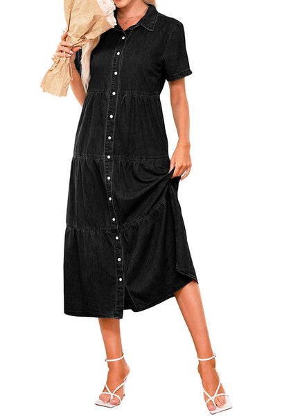 Black Women's Button Down Casual Babydoll Vacation Denim Long Dresses