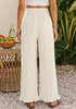 LookbookStore Women Cream White High Waist Linen Pants Wide Leg Ruffle Hem Elastic Waist Cropped Ankle Beach Summer Casual Pants