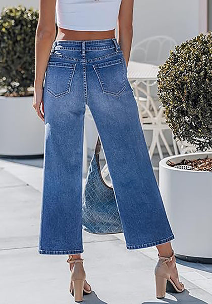 Women's High Waisted Multi Button Wide Leg Denim Jeans Casual Relaxed Daily Wear Functional Pockets