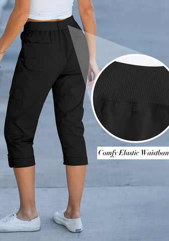 Black Women's High Wasited Cargo Pants Cuffed Hem Elastic Waist Capri Pants With Pockets