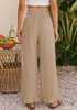 LookbookStore Women Almond High Waist Linen Pants Wide Leg Ruffle Hem Elastic Waist Cropped Ankle Beach Summer Casual Pants