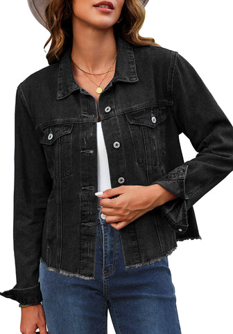 Graphite Black - Acid Wash Women's Denim Frayed Hem Button Up Distressed Jackets