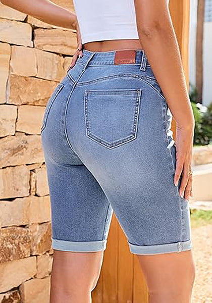 LookbookStore Bay Blue Women's Viral Y2K Aesthetic High Waist Stretchy Bermuda Denim Shorts with Rolled Cuffs