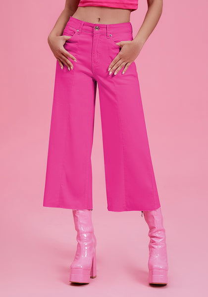 Hot Pink Women's High Waisted Denim Capri Pants Seamed Front Raw Hem