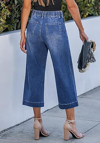 Casual Capri Jeans for Women Wide Leg Elastic Drawstring Waist Cropped Denim Trousers