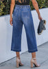 Casual Capri Jeans for Women Wide Leg Elastic Drawstring Waist Cropped Denim Trousers