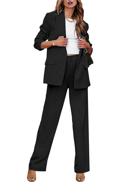 Black Women's Business Casual 2 Piece Blazer Jacket Straight Leg High Waisted Pants Suits