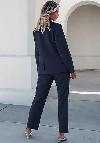 Navy Blue Women's Blazer Set Business Casual Full Fit Blazer Jackets and Straight Pant Suits with Pockets