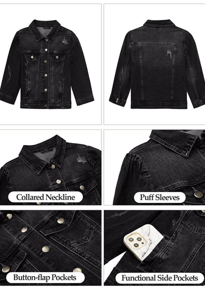 Black Women's Brief Vintage Distressed Stretchy Puff Sleeve Denim Jackets