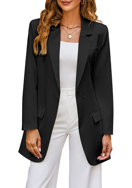 Black Women's Casual Long Suit Jacket Belted Fashion Office Blazer Outfit