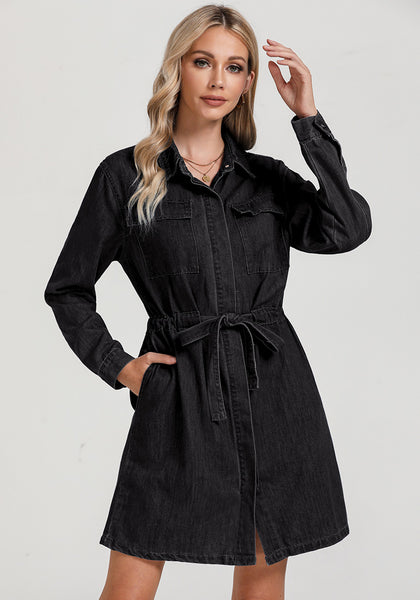 Washed Black Women's Fashion Brief Dress Casual Denim Button Down Long Sleeve Knee-Length Short Dress with Pockets