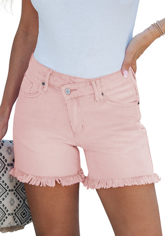 Candy Pink Women's High Waisted Denim Jeans Shorts Frayed Raw Hem Crossover Waist Casual Summer Shorts