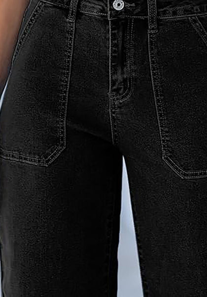 Washed Black Women's Cropped High Rise Denim Pull On Retro Wide Leg Jeans