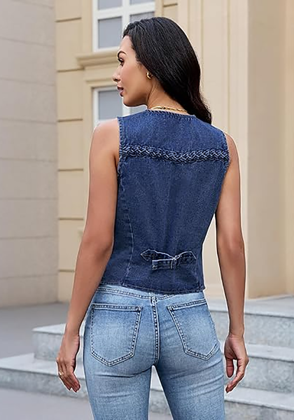 LookbookStore Women Medium Blue Casual Sleeveless Denim Vest Button Down Braided Adjustable Waist Western Jean Waistcoat