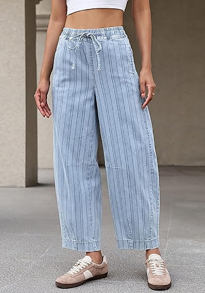 LookbookStore Women's Airy Blue Stripe Cropped Barrel Jeans High Waist Elastic Pull On Wide Leg Casual Stretch Denim Pants