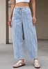LookbookStore Women's Airy Blue Stripe Cropped Barrel Jeans High Waist Elastic Pull On Wide Leg Casual Stretch Denim Pants