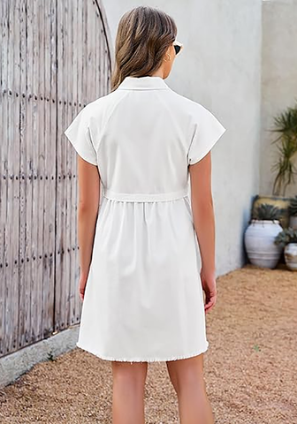LookbookStore Cream White Women's Short Sleeve Babydoll Denim Dress – Pleated Raw Hem Distressed Western Style with Pockets