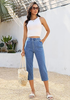 LookbookStore Medium Blue Women Elastic High Waist Pull On Denim Capri Pants With Side Pockets Relaxed Fit Casual Daily Wear