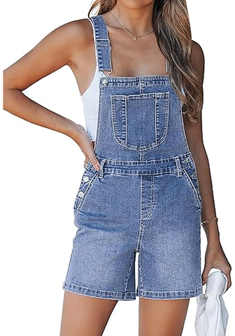 LookbookStore Women's Bay Blue Loose Fit Denim Bib Overalls Baggy Stretchy Shortalls Summer Casual Adjustable