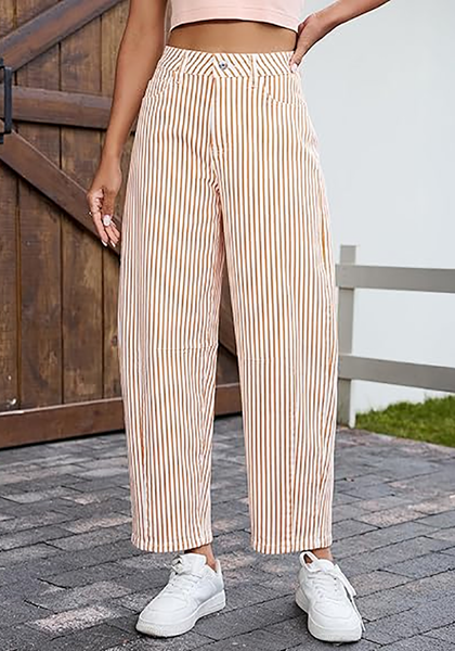 LookbookStore Women's Orange Trendy Barrel Jeans Baggy Wide Leg Pinstripe High Waisted Cropped Stretchy Denim Pants