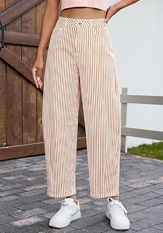 LookbookStore Women's Orange Trendy Barrel Jeans Baggy Wide Leg Pinstripe High Waisted Cropped Stretchy Denim Pants