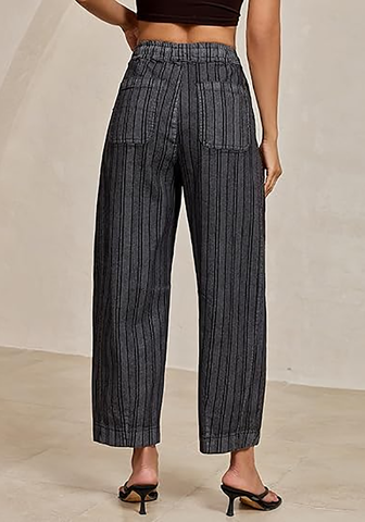 LookbookStore Women's Foxy Gray Stripe Cropped Barrel Jeans High Waist Elastic Pull On Wide Leg Casual Stretch Denim Pants