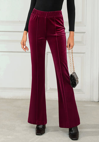 Wine Red Women Elastic Waist High Waisted Flare Seam Slack Pant