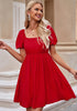 True Red Women's Off the Shoulder Puff Sleeve Square Neck A-Line Babydoll Dresses