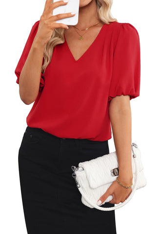 True Red Women's Puff Sleeve V-Neck Blouses Business Casual Work Tops