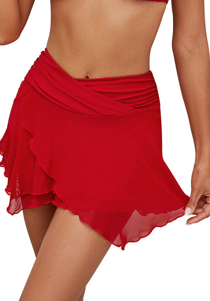 True Red Women's Brief Criss Cross High Waisted Swim Skirt Layered Mesh Swimsuit Cover-Up