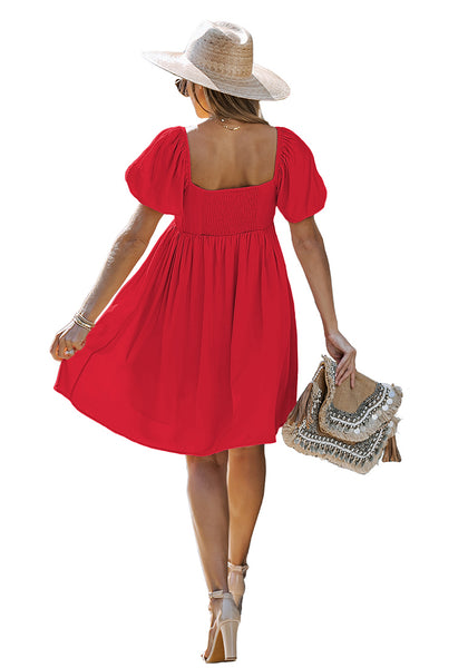 True Red Women's Off the Shoulder Puff Sleeve Square Neck A-Line Babydoll Dresses